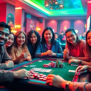 Group of friends enjoying game bài đổi thưởng at a lively game night.