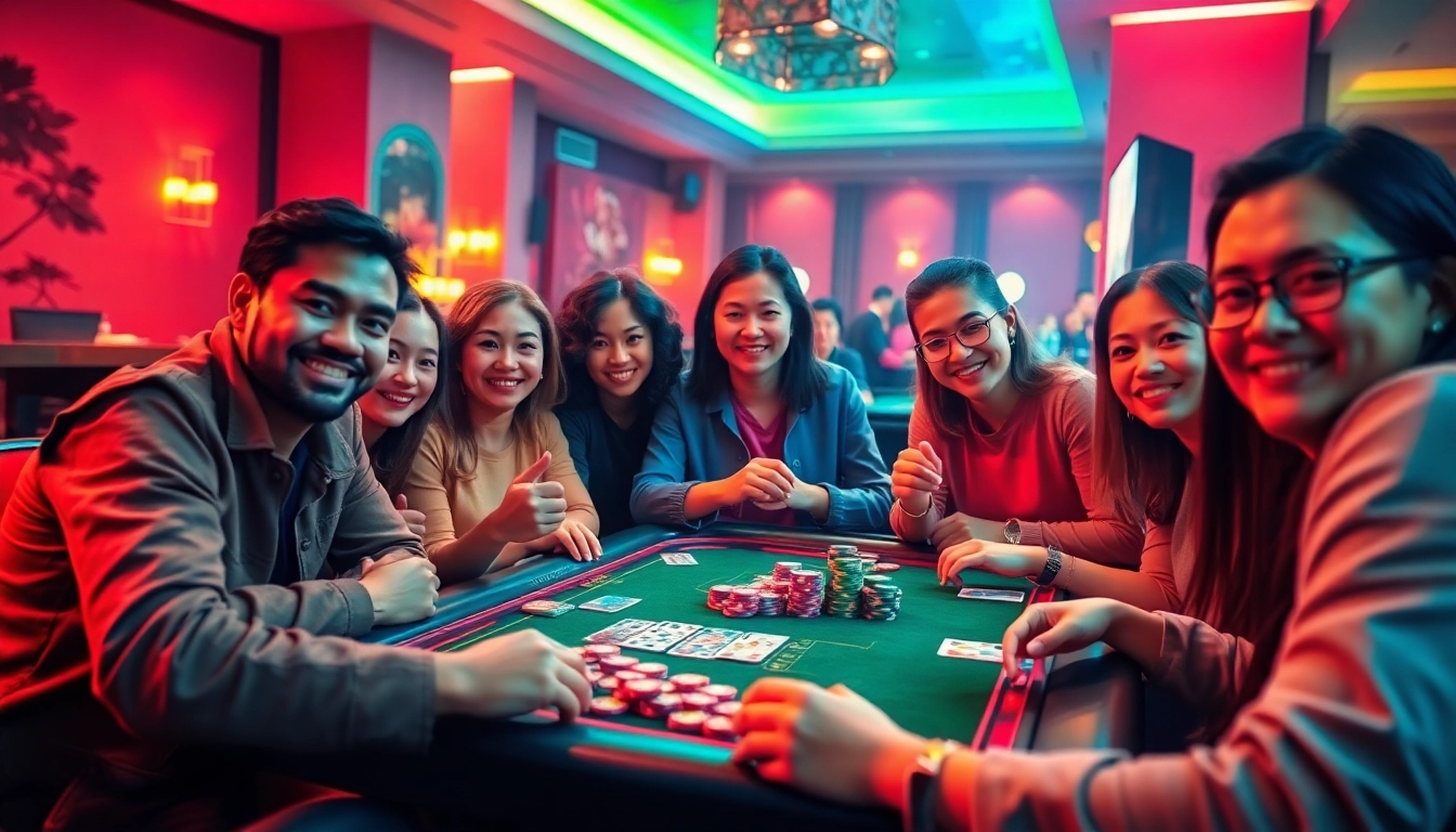 Group of friends enjoying game bài đổi thưởng at a lively game night.