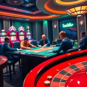 Luck8 platform showcasing a high-stakes poker game with vibrant casino elements.