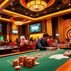 Experience the excitement of RR88's casino games with players enjoying poker and roulette.