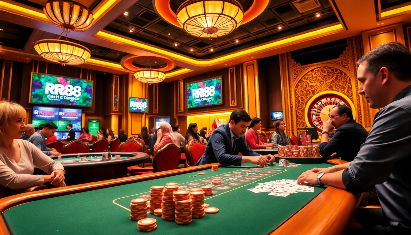 Experience the excitement of RR88's casino games with players enjoying poker and roulette.