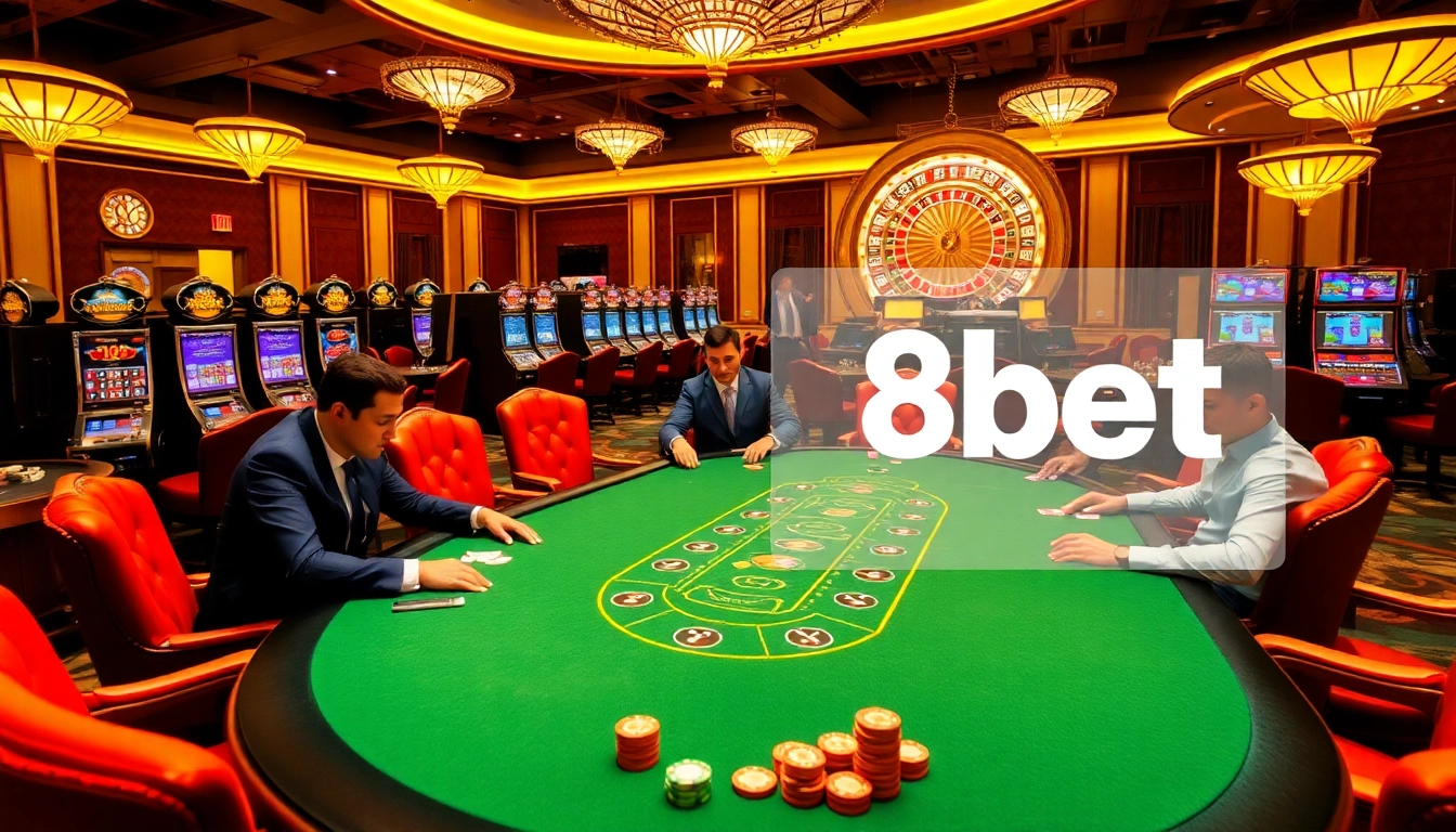 8kbet đăng nhập amidst luxurious casino tables and exciting gambling action.