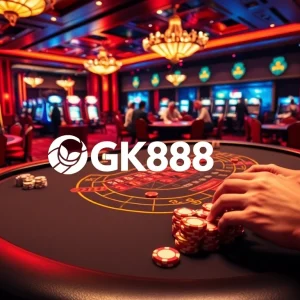 Players engaged in high-stakes gambling at GK88 with blackjack and roulette tables illuminated.