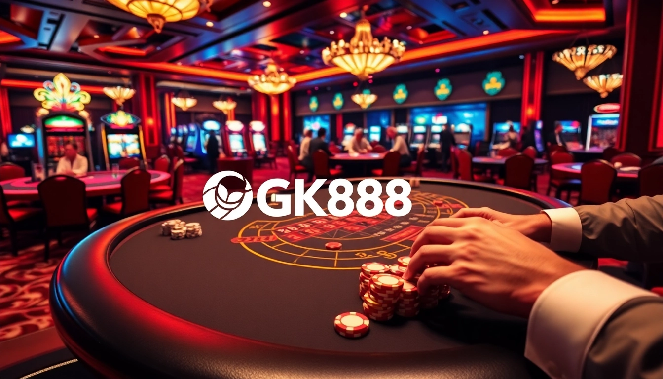 Players engaged in high-stakes gambling at GK88 with blackjack and roulette tables illuminated.