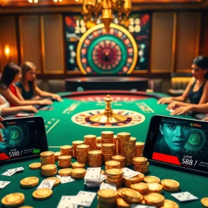 S88 casino gamers enthusiastically betting at a luxurious table with vibrant casino elements.