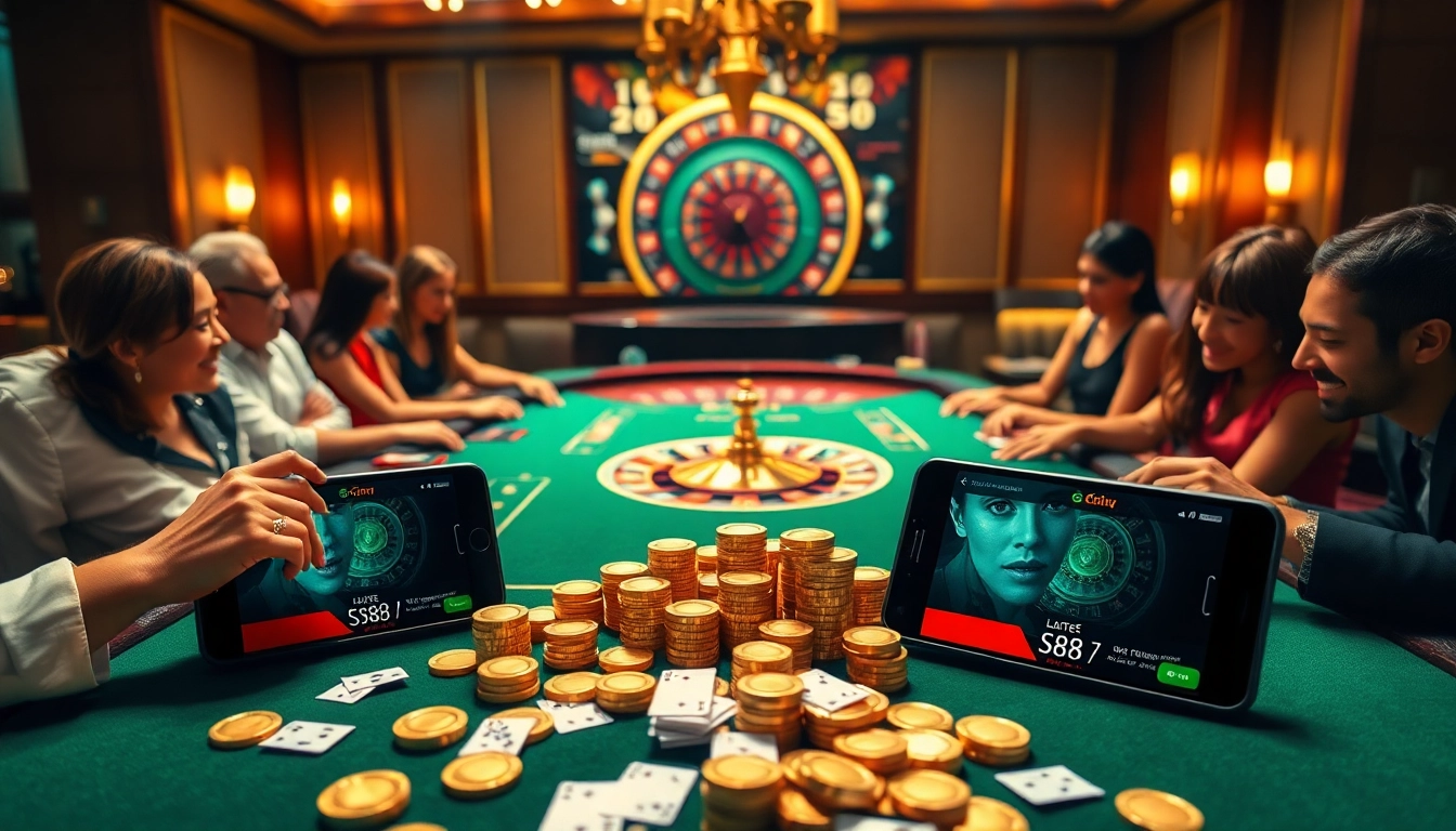 S88 casino gamers enthusiastically betting at a luxurious table with vibrant casino elements.