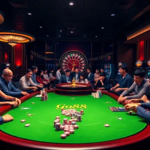 Engage with thrilling Go88 gaming action at a lavish casino table surrounded by eager players.