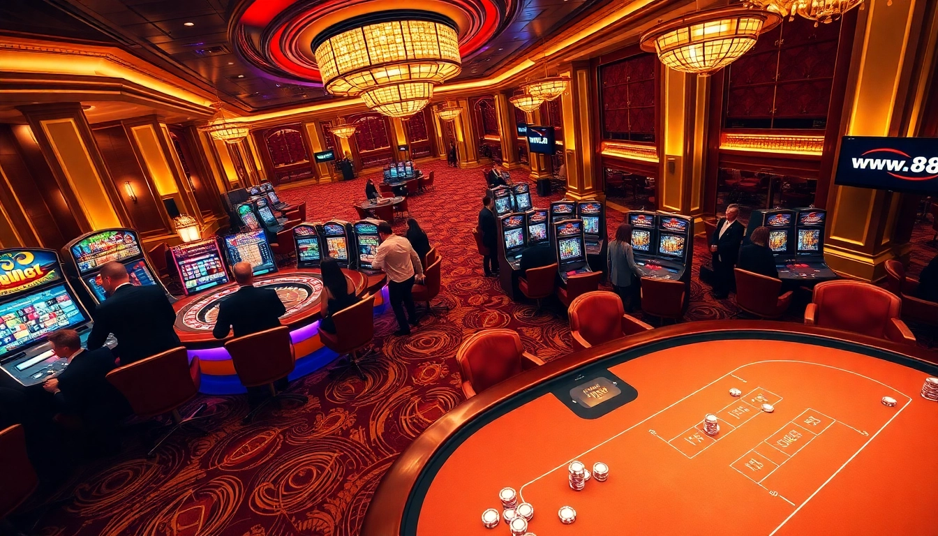 Exciting gameplay at www88 casino with vibrant slot machines and roulette tables in elegant decor.