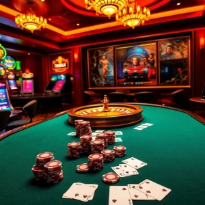 Engage in high-stakes poker action at the luxurious xx88 casino table, illuminated by vibrant slot machines.