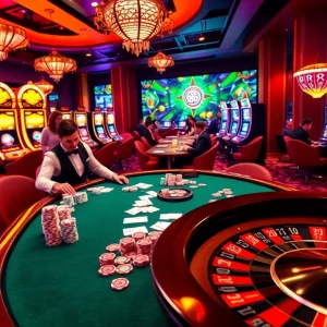 Exciting poker gameplay at https://soibet.vision/ with vibrant chips and dealers.