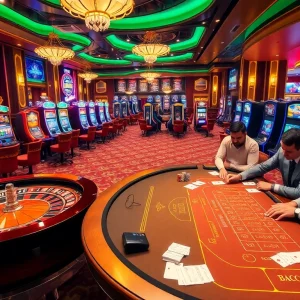 Engaged gamblers enjoying fun79 at a vibrant casino with roulette and poker excitement.