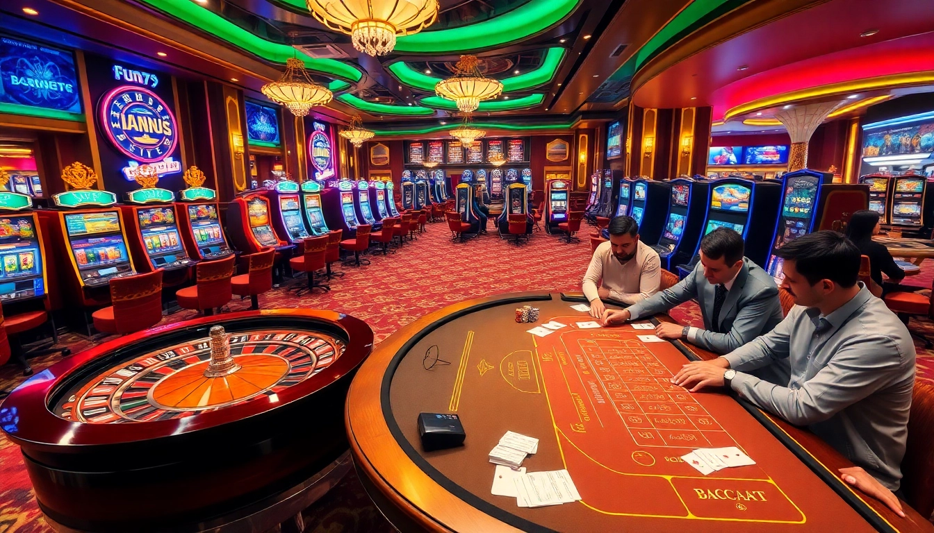 Engaged gamblers enjoying fun79 at a vibrant casino with roulette and poker excitement.