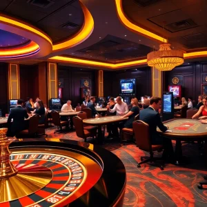 A thrilling casino atmosphere showcasing 8kbet's poker tables and roulette wheel with engaged players.