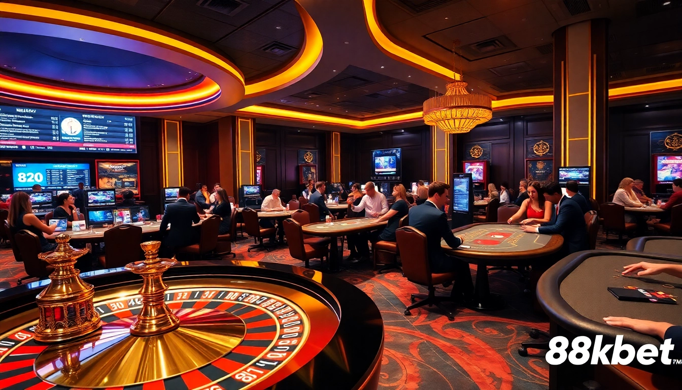 A thrilling casino atmosphere showcasing 8kbet's poker tables and roulette wheel with engaged players.