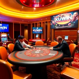 KUWIN casino players enjoy a thrilling poker game in a vibrant setting filled with slot machines.