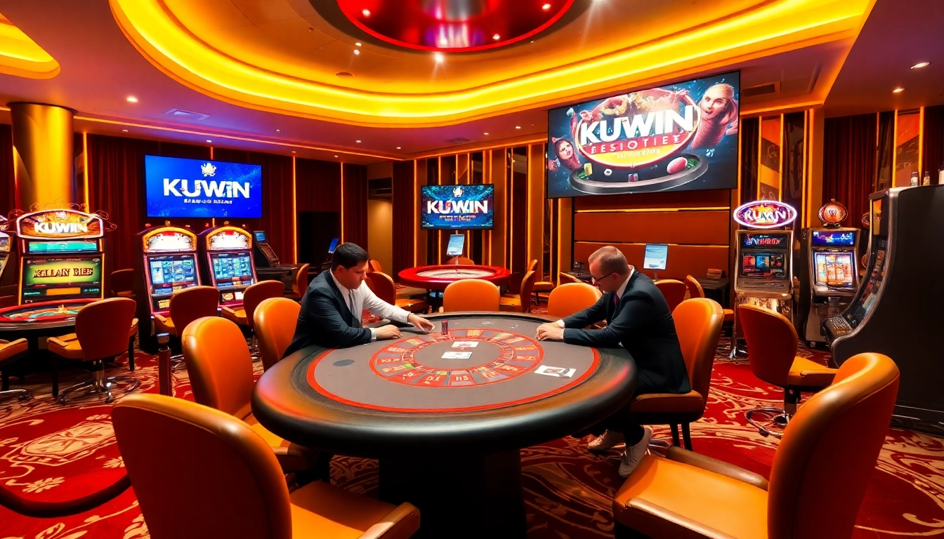 KUWIN casino players enjoy a thrilling poker game in a vibrant setting filled with slot machines.