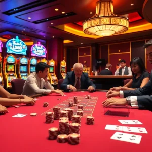 Engaged players at Lc88's luxurious poker table, highlighted by vibrant casino elements.