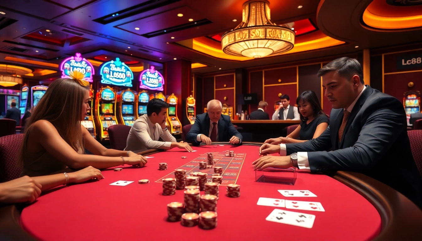 Engaged players at Lc88's luxurious poker table, highlighted by vibrant casino elements.