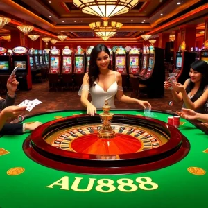 Players at AU88 enjoy a thrilling casino experience with vibrant roulette action and stunning decor.
