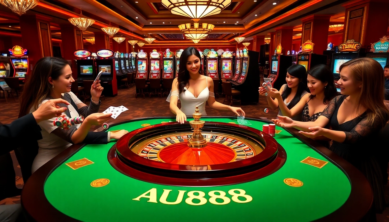 Players at AU88 enjoy a thrilling casino experience with vibrant roulette action and stunning decor.