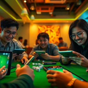 Tài Xỉu MD5 gaming excitement with players analyzing strategies on digital devices, showcasing transparency.