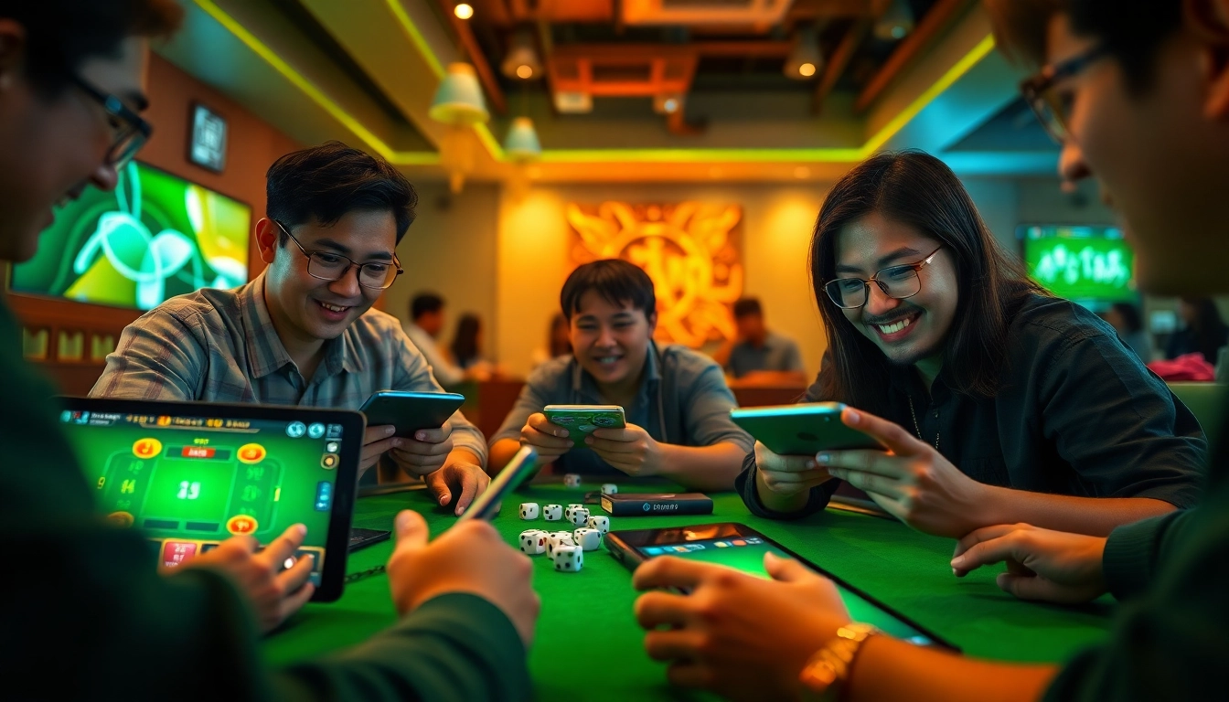 Tài Xỉu MD5 gaming excitement with players analyzing strategies on digital devices, showcasing transparency.