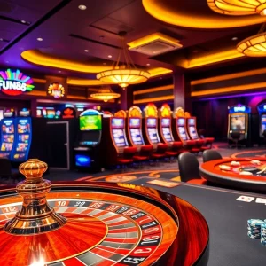 Fun88 casino scene with roulette wheel and colorful slot machines inviting excitement.