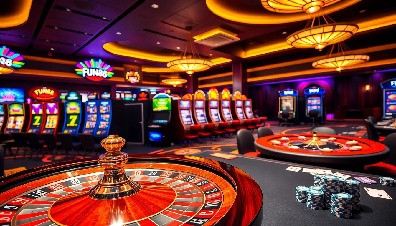 Fun88 casino scene with roulette wheel and colorful slot machines inviting excitement.