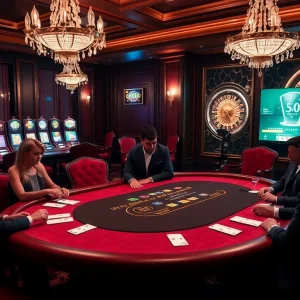 A thrilling poker game at https://jun88pl.com/ with colorful chips, intense players, and a luxurious casino backdrop.