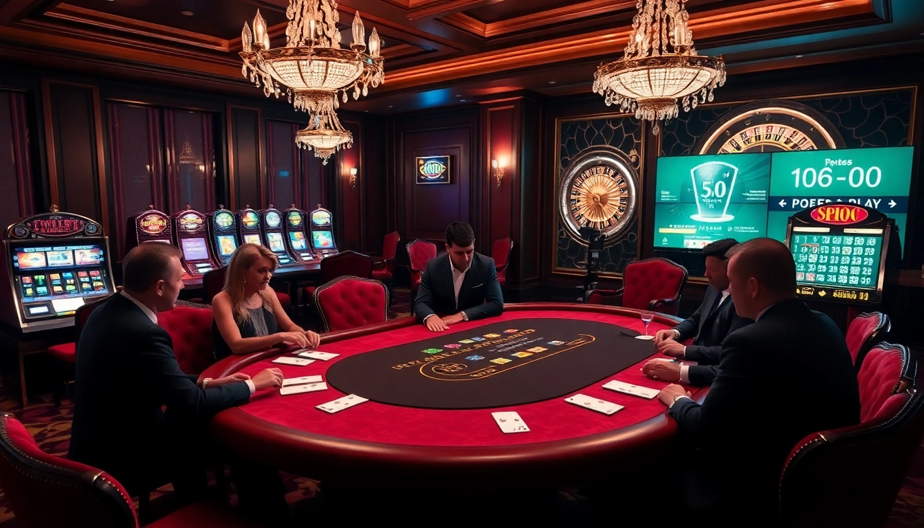 A thrilling poker game at https://jun88pl.com/ with colorful chips, intense players, and a luxurious casino backdrop.