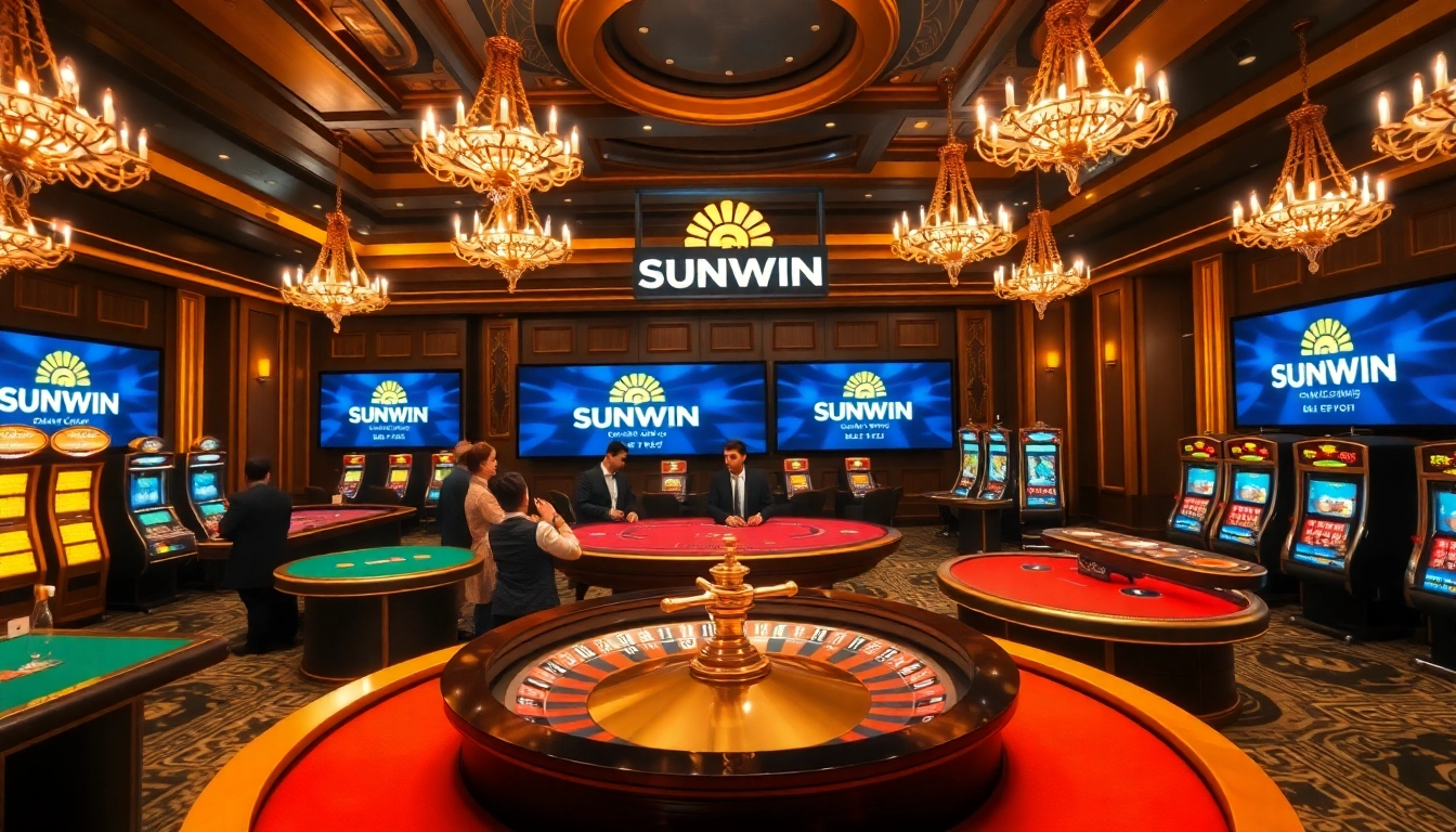 SUNWIN gaming excitement with a luxurious casino setup featuring tables and vibrant slot machines.
