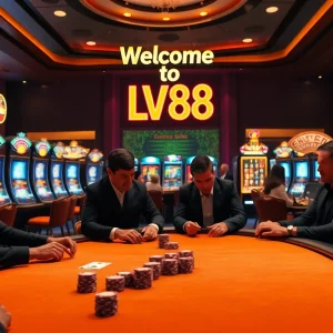 Experience high-stakes poker action at LV88's luxurious casino with vibrant slot machines.