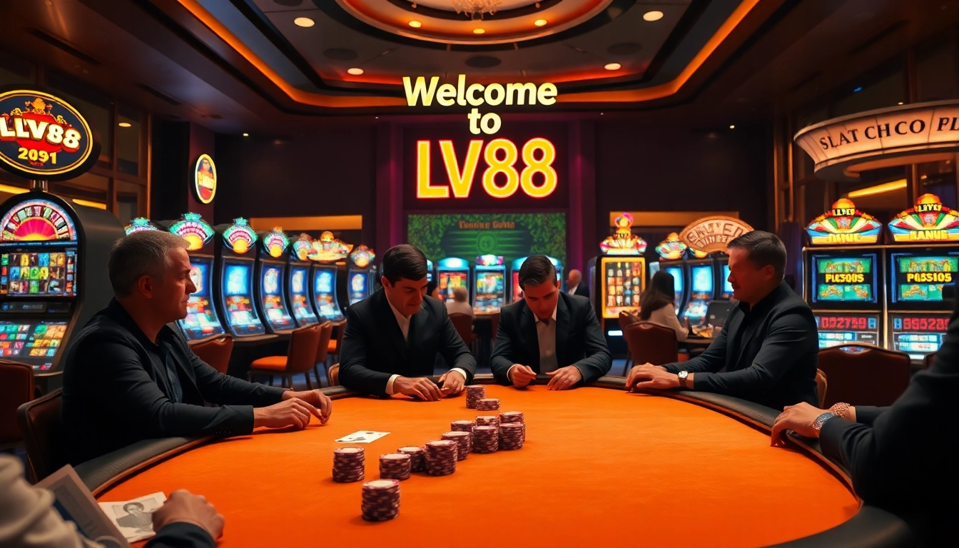 Experience high-stakes poker action at LV88's luxurious casino with vibrant slot machines.