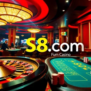 Players enjoying table games at a luxurious casino environment with S8.com signage.