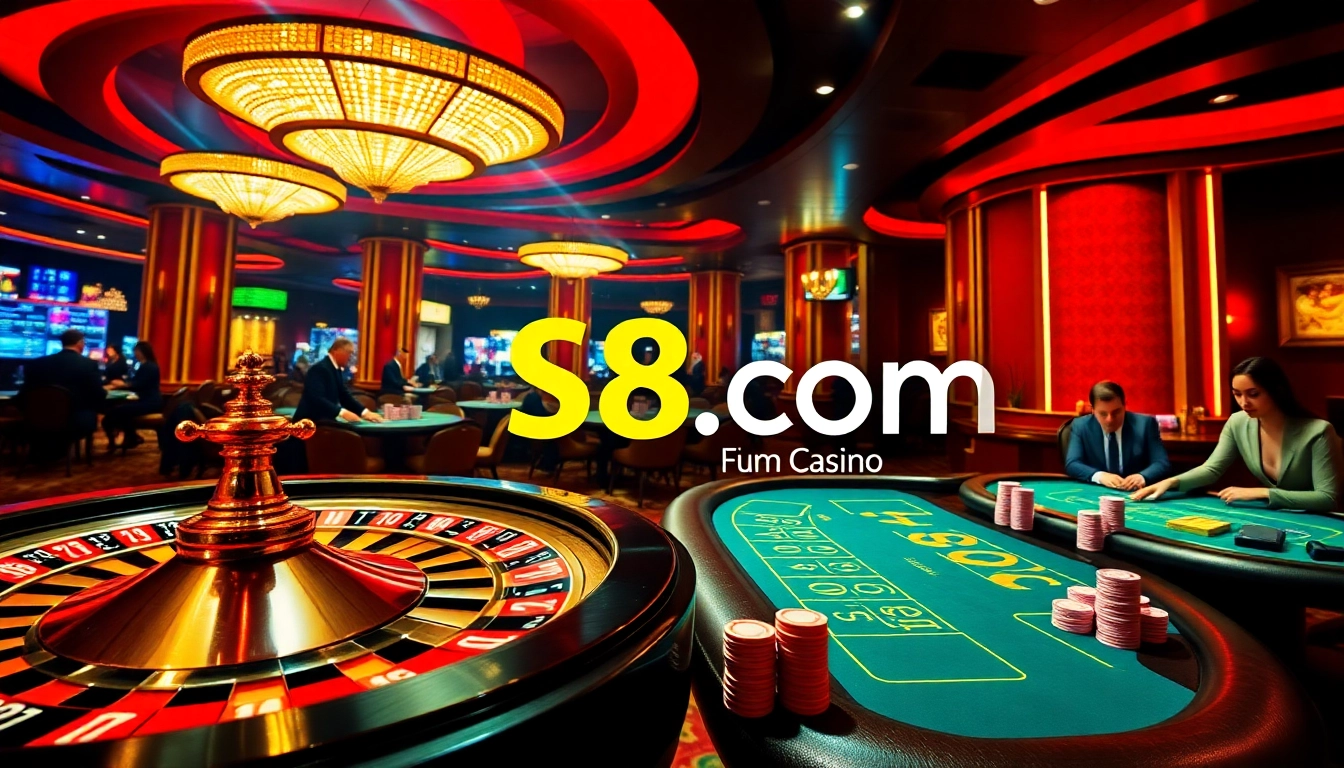 Players enjoying table games at a luxurious casino environment with S8.com signage.