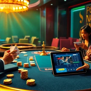 Kèo nhà cái setup with elegant poker players and vibrant casino atmosphere.