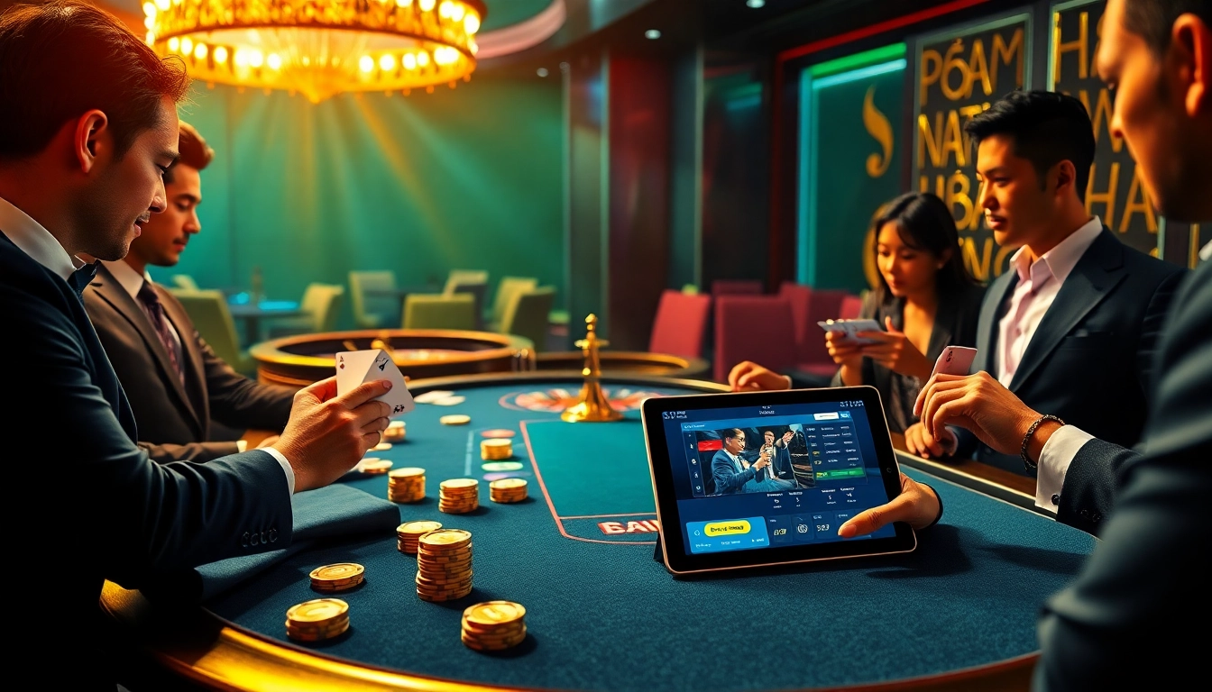 Kèo nhà cái setup with elegant poker players and vibrant casino atmosphere.