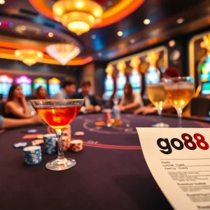 Exciting casino atmosphere featuring go88 branding on a betting slip with poker players and vibrant slot machines.