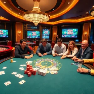 Intense poker game at a luxurious casino featuring nohu-inspired decor and vibrant colors.