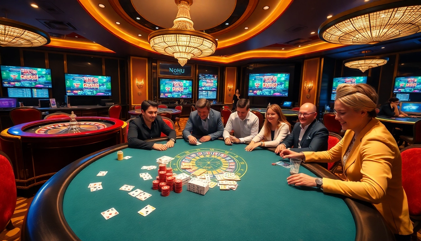 Intense poker game at a luxurious casino featuring nohu-inspired decor and vibrant colors.