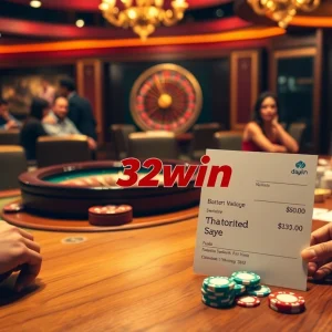32win poker players enjoying a thrilling game in a luxurious casino setting.