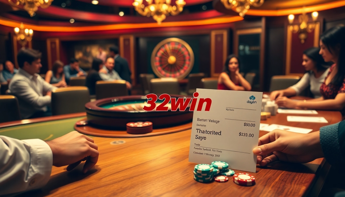 32win poker players enjoying a thrilling game in a luxurious casino setting.