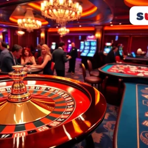 Experience thrilling gameplay with sunwin at a vibrant casino scene featuring roulette and poker.