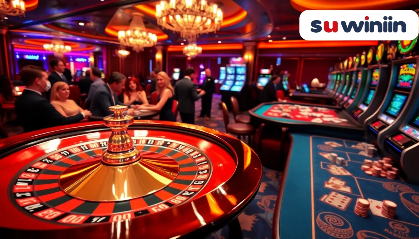 Experience thrilling gameplay with sunwin at a vibrant casino scene featuring roulette and poker.