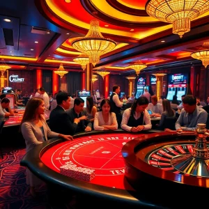 Gamblers engaged at a vibrant i9bet ren poker table in a luxurious casino setting.
