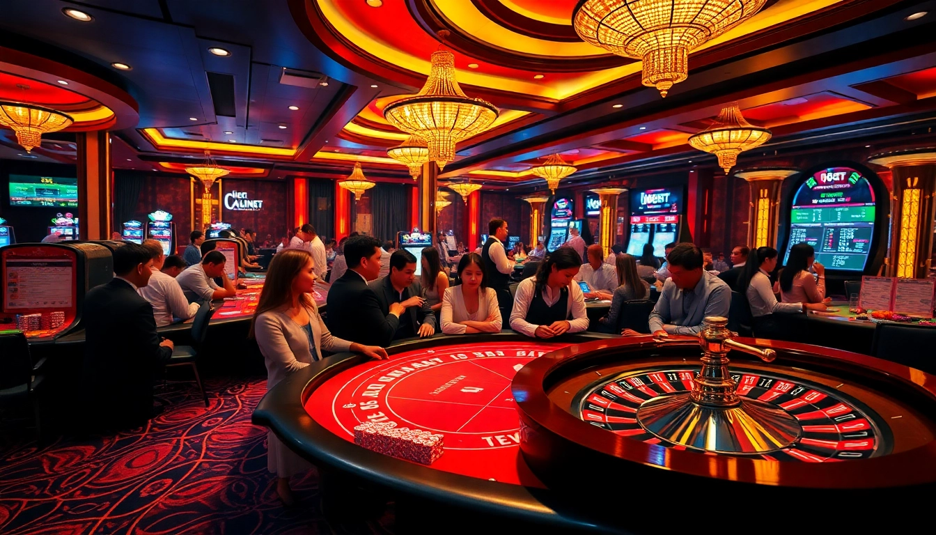 Gamblers engaged at a vibrant i9bet ren poker table in a luxurious casino setting.