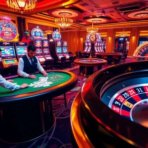 Experience the thrill of gambling at https://luck88com.net/ with vibrant slot machines and professional croupiers at a luxury casino table.