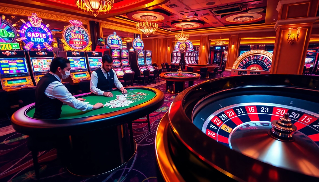 Experience the thrill of gambling at https://luck88com.net/ with vibrant slot machines and professional croupiers at a luxury casino table.