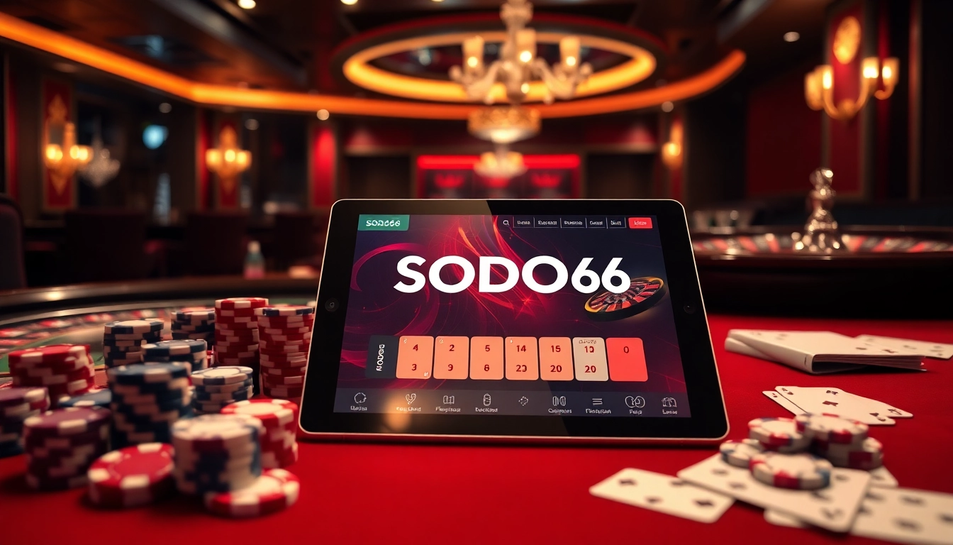 Engage with thrilling SODO66 online casino action, featuring poker chips and roulette.