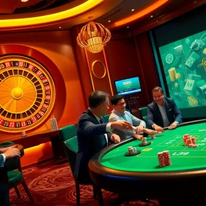 Engage in the excitement of gambling at dn88.com with a lively casino scene showcasing players and a roulette wheel.